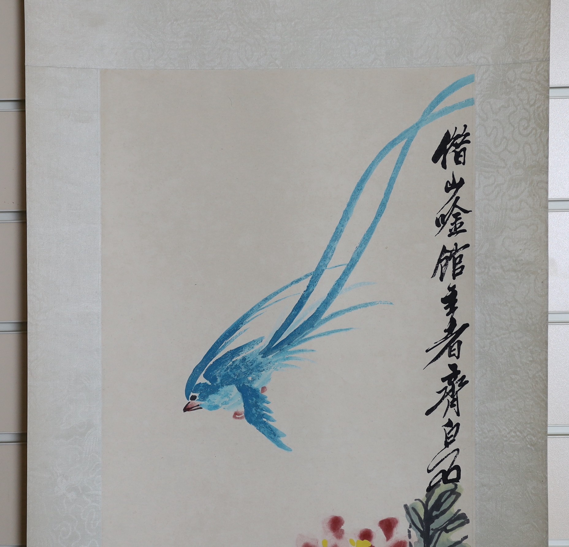 After Qi Baishi (1863-1957), Ribbon peonies, scroll picture , published by Tianjin Arts & Crafts Export Company, 1959, image 104cm x 33cm